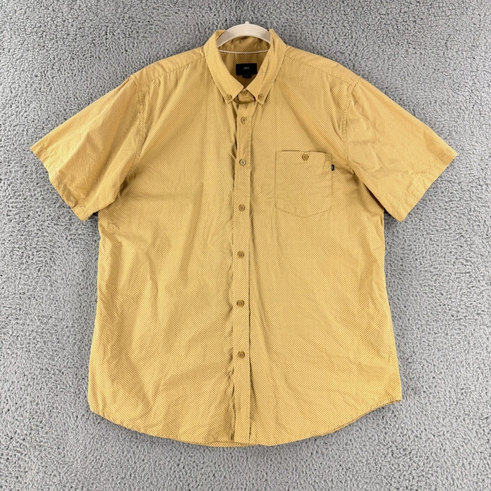 Obey Button Down Shirt Mens XL Yellow Blue Micro Dot Cotton Short Sleeve Pocket